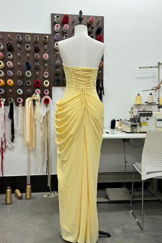 Strapless Ruched Long Dress with High Slit – Draped Waist & Smooth Fit