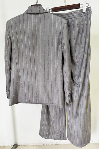 Crystal Pinstripe Diamond Trimmed Blazer & Wide-Leg Trousers Set