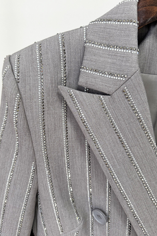 Crystal Pinstripe Diamond Trimmed Blazer & Wide-Leg Trousers Set