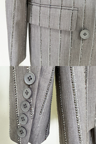 Crystal Pinstripe Diamond Trimmed Blazer & Wide-Leg Trousers Set