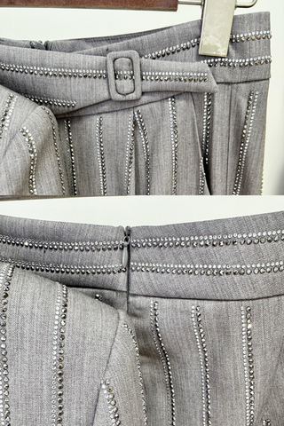 Crystal Pinstripe Diamond Trimmed Blazer & Wide-Leg Trousers Set