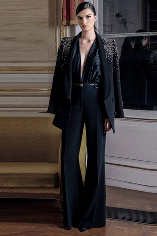 Embellished Crystal-Studded Tailored Blazer & Wide-Leg Trousers Set