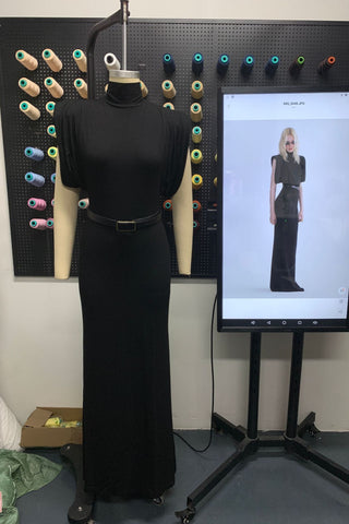 High-Neck Draped Shoulder Long Dress with Belt