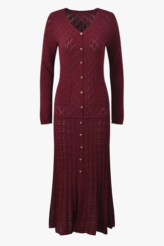 Textured Knit Button-Front Long Dress with V-Neck and Long Sleeves