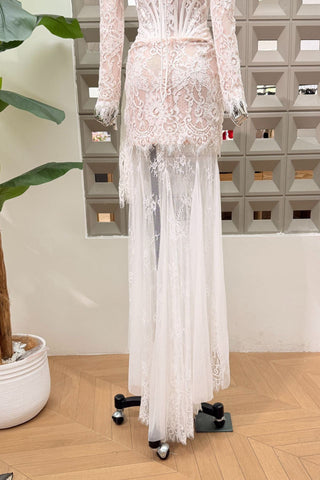 Lace Corset Long Dress – Draped Long Sleeve Gown