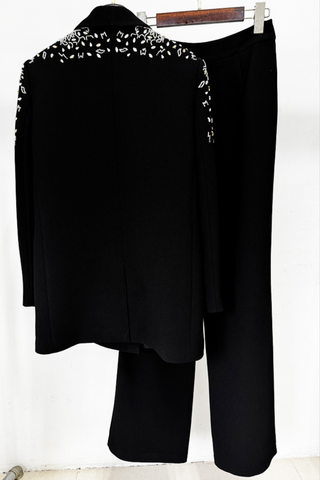 Embellished Crystal-Studded Tailored Blazer & Wide-Leg Trousers Set