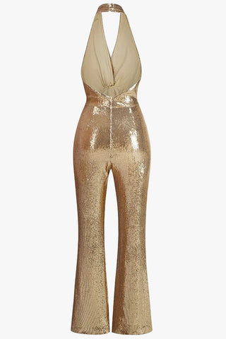 Sequin Halter Neck Sleeveless Flared Jumpsuit