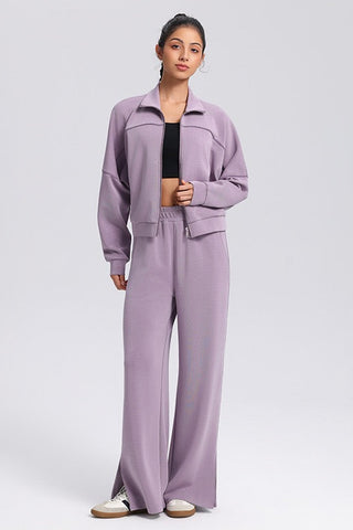 Relaxed Fit Zip-Up Jacket and Wide Leg Pants Set