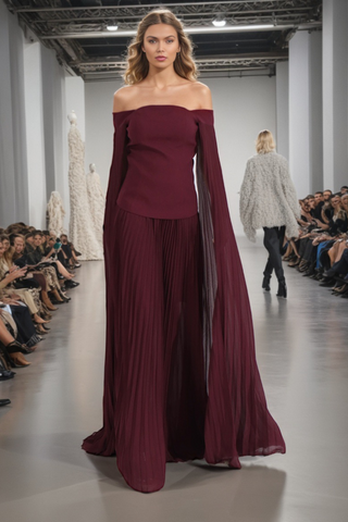Burgundy Off-Shoulder Pleated Top and Maxi Skirt Set with Sheer Sleeves Set