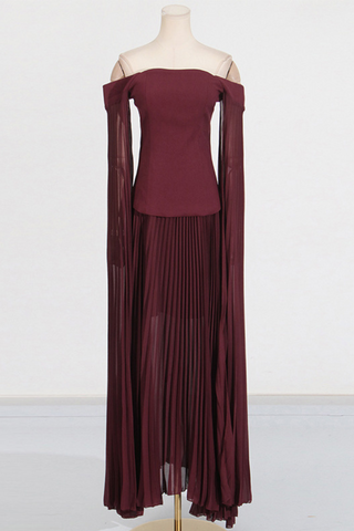Burgundy Off-Shoulder Pleated Top and Maxi Skirt Set with Sheer Sleeves Set