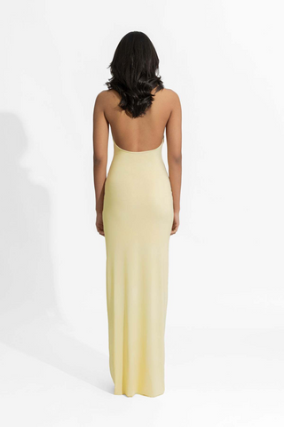 Yellow Ruffle Halter Backless Long Dress with Floral Appliqué and Deep V Neckline
