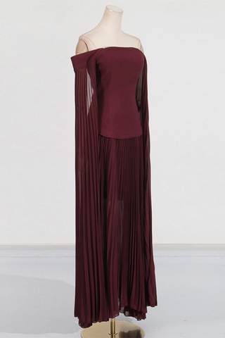 Burgundy Off-Shoulder Pleated Top and Maxi Skirt Set with Sheer Sleeves Set