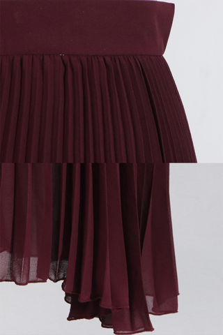 Burgundy Off-Shoulder Pleated Top and Maxi Skirt Set with Sheer Sleeves Set