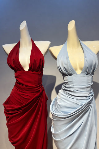 Draped Halter Corset Long Dress with High Slit