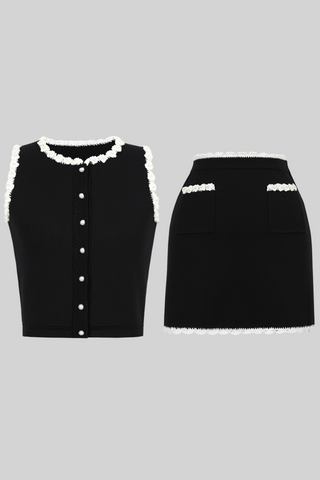 Pearl Sleeveless Flower Edge Button Knit  Top & Skirt Set