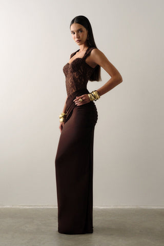 Lace Corset Draped Bodycon Long Dress with Cap Sleeves