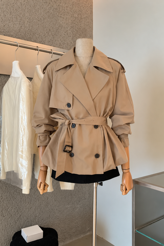 Double-Breasted Belted Short Trench Jacket with Balloon Hem