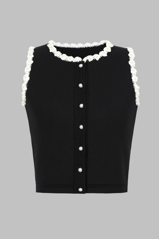 Pearl Sleeveless Flower Edge Button Knit  Top & Skirt Set