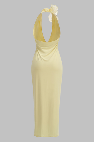 Yellow Ruffle Halter Backless Long Dress with Floral Appliqué and Deep V Neckline