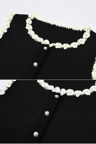 Pearl Sleeveless Flower Edge Button Knit  Top & Skirt Set