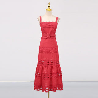 Statement Lace Cutwork Belted Tiered Long Dress