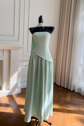 Elegant Mint Drape Strapless Corset Long Dress with Scarf Neckline