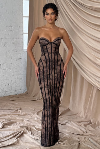 Sheer Lace Corset Strapless Long Dress with Lace-Up Back
