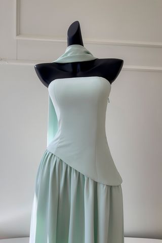 Elegant Mint Drape Strapless Corset Long Dress with Scarf Neckline