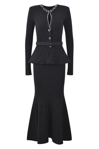 Embellished Neckline Ribbed Knit Midi-Long Mermaid Dress with Belt and Peplum Waist