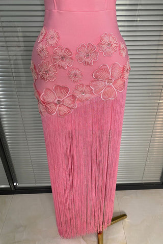 Strapless Floral Appliqué Fringe Long Dress with Bodycon Silhouette