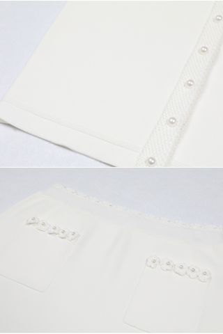 Pearl Sleeveless Flower Edge Button Knit  Top & Skirt Set