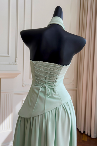 Elegant Mint Drape Strapless Corset Long Dress with Scarf Neckline