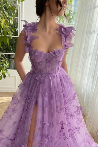 Flutter Bloom Butterfly Embroidered Sleeveless Slit Long Dress