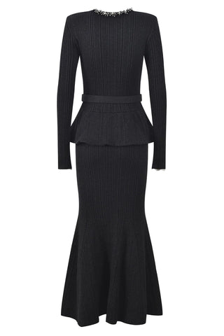 Embellished Neckline Ribbed Knit Midi-Long Mermaid Dress with Belt and Peplum Waist