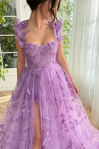 Flutter Bloom Butterfly Embroidered Sleeveless Slit Long Dress