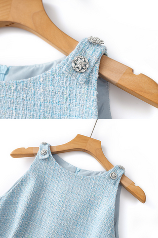 Crystal Button Wool Sleeveless Chic Tweed Mini Dress