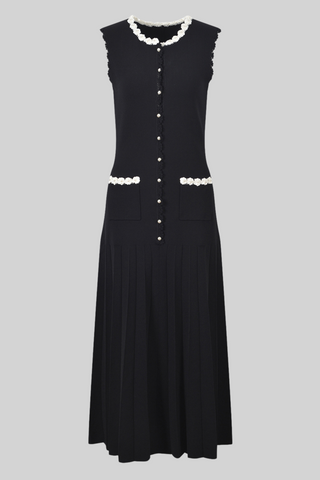 Pearl-Trimmed Sleeveless Flower Edges Knit Long Dress