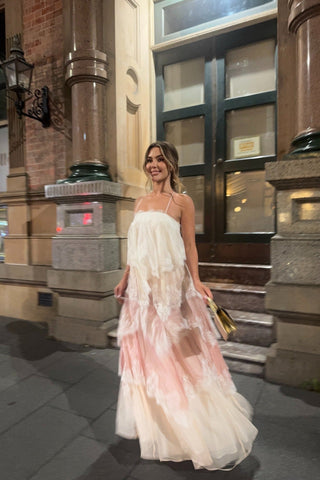 Tiered Lace Long Dress – Layered Ruffle Design, Crisscross Back & Flowy Fit