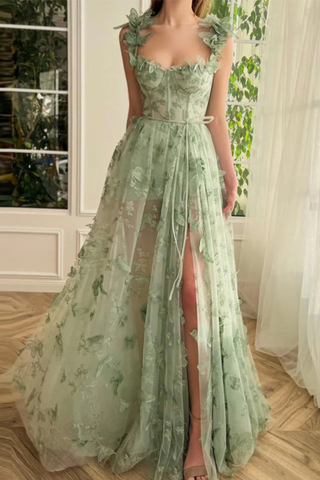 Flutter Bloom Butterfly Embroidered Sleeveless Slit Long Dress