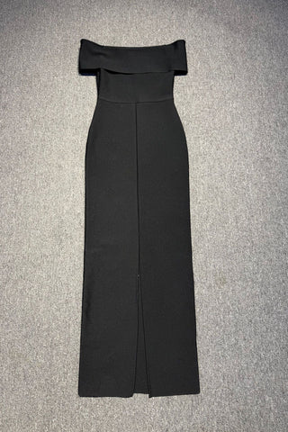 Off-Shoulder Crystal Embellished Long Dress with Back Slit – Sleeveless Fitted Evening Dress