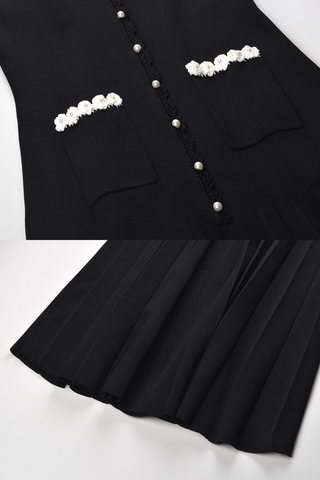 Pearl-Trimmed Sleeveless Flower Edges Knit Long Dress