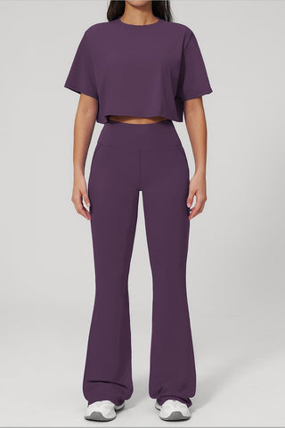 Short Sleeve Crop Top & High Waist Flared Pants Set – Snatched Fit, Made to Move