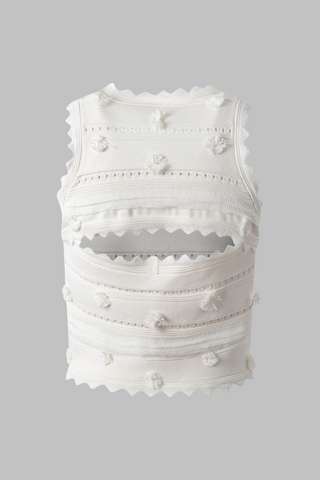 Textured  Elegant  White Sleeveless Knit Set with Fringe Skirt