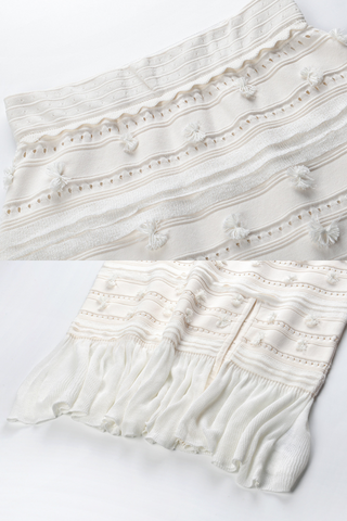Textured  Elegant  White Sleeveless Knit Set with Fringe Skirt