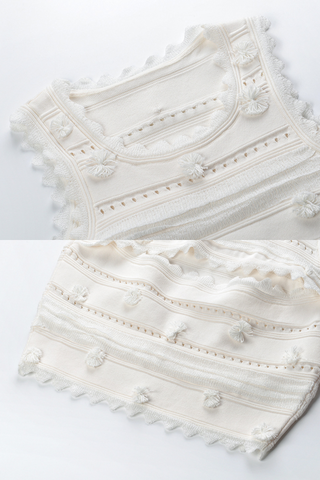 Textured  Elegant  White Sleeveless Knit Set with Fringe Skirt