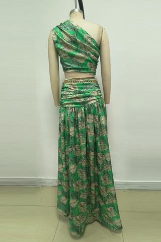 Tropical One Shoulder High Waist Slit long Skirt Set