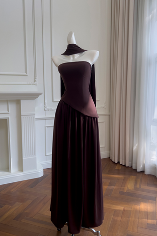 Asymmetric Corset long Dress with Draped Neck Scarf
