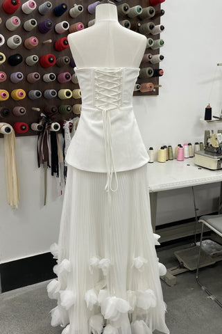 Strapless Lace-Up Corset Long Dress with Pleated Skirt and 3D Floral Trim