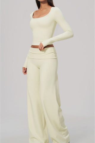 Scoop Neck Long Sleeve Top & Foldover Wide-Leg Pants Set