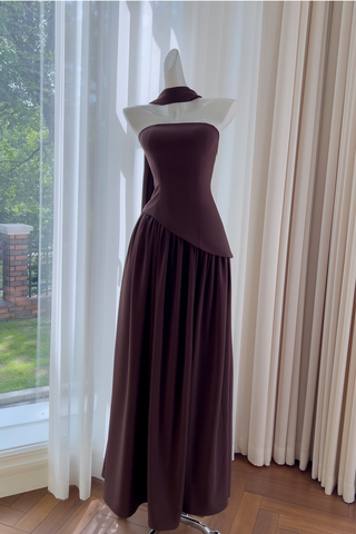 Asymmetric Corset long Dress with Draped Neck Scarf